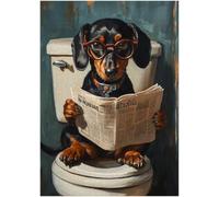 Dachshund on Toilet Jigsaw Puzzle 1000 Pieces for Adults - Quirky Dog Reading Newpaper with Glasses - Best Dog Bathroom Decor Puzzles