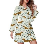 Dachshund Pattern Soft Women's Robes Pyjamas V-Neck Dressing Gowns Loungewear for Wedding Party L