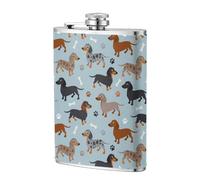 Dachshund Paws and Bones Blue,304 Stainless Steel 8oz Flask Pu Leather Case, Pocket Flagon Outdoor Flat Liquor Flask