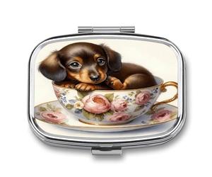 Dachshund Puppy in Teacup Pill Box 2-Compartment Portable Pill Case Square Metal Medication Organizer Small Weekly Medication Case with Mirror Stylish Vitamin Holder for Purse Pocket Travel