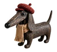 Dachshund Resin Statue Wood Texture Dog Figurine with Knit Beret | Farmhouse Shelf Desk Home Decor Ornament Dog Lover Gift Solid Resin Build