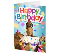Dachshund sausage dog and friends emerge from giant birthday cake - Birthday card