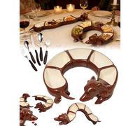 Dachshund Serving Dish, Hand Painted Ceramic Brown Dog Shaped Appetizer Platter with 5 Compartments, Vintage Mid Century Style for Chips Salsa Snacks Wonderful Gifts for Dogs Lovers (1)