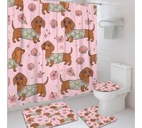Dachshund Shower Curtain Sets, Playful Fanciful Flower Shell Summer Peach Waterproof Fabric Bathroom Shower Curtain and Bath Mat Set for Bathtub Toile Guest Room Decor 72x72 Inch