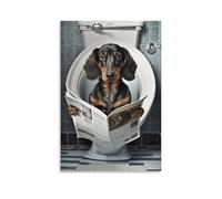 Dachshund Sitting on Toilet Reading Newspaper Funny Vintage Style Animal Funny Dog Animal Art Poster Canvas Poster Wall Art Decor Print Picture Paintings for Living Room Bedroom Decoration 12x18inch(3