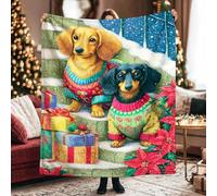 Dachshund Throw Blanket, Christmas Festive Presents Snow Christmas Red Furry Fuzzy Blankets Cozy Lightweight Decorative for Couch Sofa Bed Living Room Office Lap 60x80 Inch