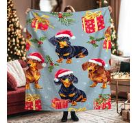 Dachshund Throw Blanket, Christmas Playful Christmas Hat Gift Box Blue Fleece Blankets Soft Cozy Decorative for Couch Sofa Bed Chair Office Lap 60x80 Inch