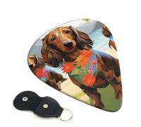 Dachshund Tropical Painting Art Guitar Picks 6 Pcs, 0.46mm Thickness Celluloid Plectrum with Leather Picks Holder, Personalized Guitar Pick for Bass Electric Acoustic Guitars Lovers Gift