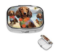 Dachshund Tropical Painting Art Pill Box 2 Compartment Square Portable Pill Case for Pocket or Purse Small Weekly Medicine Planner Travel Pillbox with Mirror Decorative Metal Vitamin Holder Gifts