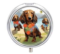 Dachshund Tropical Painting Art Travel Pill Box Case 3 Compartment Cute Pill Organizer Metal Pill Holder with Mirror Small Medicine Organizer Daily Pill Container for Purse Pocket Portable Meds Box