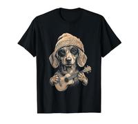 Dachshund Ukulele Beanie Y2K Aesthetic Value Graphic T-Shirt, Men, Black, L