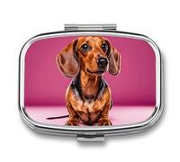 Dachshund Weiner Dog Pill Box - 2 Compartment Travel Pill Organizer with Small Mirror, Portable Pillcase for Pocket & Purse, Cute Square Medicine Case, Weekly Medicine Container