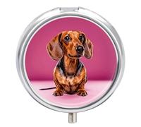Dachshund Weiner Dog Pill Box 3 Compartment Travel Pill Organizer with Small Mirror Portable Pillcase for Pocket & Purse Cute Round Medicine Case Weekly Medicine Container