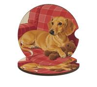 Dachshund Weiner Pet Dog 2 Pack Car Coasters for Cup Holders Wooden Absorbent Car Cup Coasters Non-Scratch Cork Base, Water Resistant Cups Mat for Women & Men (Fits Most Cars, SUVs, Trucks)
