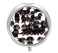 Dachshund Weiner Pet Dog Pill Box - 3 Compartment Travel Pill Organizer with Small Mirror, Portable Pillcase for Pocket & Purse, Cute Round Medicine Case, Weekly Medicine Container