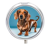 Dachshund Weiner Pet Dog Pill Box - 3 Compartment Travel Pill Organizer with Small Mirror, Portable Pillcase for Pocket & Purse, Cute Round Medicine Case, Weekly Medicine Container