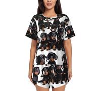 Dachshund Weiner Pet Dog Print Women's Shorts Pajama Set Short Sleeve Sleepwear Nightwear Pjs S-4XL, Black, Large