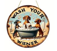 Dachshund Welcome Door Sign - Dachshund Adult Funny Sign | Dogs In Bathtub Decor | Wooden "Wash Your Wiener" Puppy Wall Ornament | Dachshunds Doors Hanger for Holiday Front Door and Home Decor