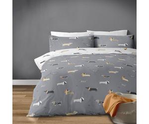 Dachys Grey and white dachshund sausage dog design polycotton duvet set. Double bed