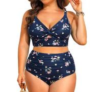 Daci Plus Size Two Piece Swimsuits - Women High Waisted Bikini Tummy Control Bathing Suits Knot Twist Swimwear 2025, Navy Floral, 22 Plus