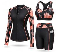 Daci Women 3 Piece Rash Guard - 3PC Long Sleeve Zip up Swim Shirt Sports Bra Modest Swimsuit with Shorts
