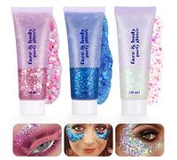 Dacitiery 3Pcs Body Glitter Gel Kit, 50ml Face Glitters Body Sequins | Mermaid Sequins Liquid Gel Holographic Chunky Glitter for Eye, Hair, Nail DIY Art Festival Party Makeup Decoration
