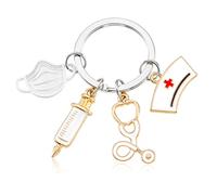 Dacitiery Key Ring Nurse Keychain Metal Nurse Keyring with Syringe Nurse Cap and Stethoscope for Doctor Medical Student Nurse Gifts, Alloy metal, iron-pyrite