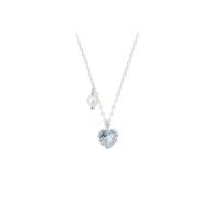 DACKLOONG S925 Sterling Silver Blue Crystal Heart Pendant Necklace with Freshwater Pearl, Elegant Korean Style Choker Jewelry for Women with Romantic Design