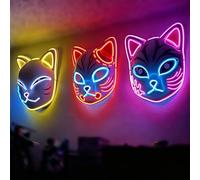 Dacnod 3 Pcs LED Fox Mask Glowing Demon Anime Style Plastic Set Prop | Bright light effect, adjustable strap,halloween, night events, festivals, parties, prop, holiday decor, bedroom, wall