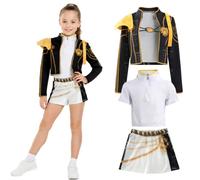 Dacnod 3 Pcs Pop Star Costume Kids Girls Jacket Shorts Sequin Set Cosplay | Outerwear, zip neck top, matching bottoms, black and gold style, print, performance wear, recital, festival, role play
