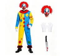 Dacnod 4-Piece Clown Costume Adult Horror Jumpsuit Mask Set Cosplay | Soft polyester fabric, red curl wig, white gloves, knife prop, Halloween, carnival, theme party, stage, show