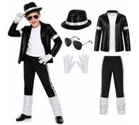 Dacnod 5 Pcs Pop Star Costume Kids Jacket Pants Hat Glasses Set Cosplay | Silver sequins, top, black trousers, studded gloves, sunglasses, polyester, unisex, parties, stage shows, events, halloween
