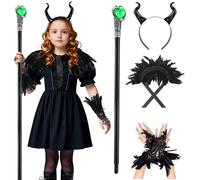 Dacnod Gothic Feather Cape Black Shrug Shawl with Gothic Wrist Cuffs Wristband Black Horns Headband Staff Carnival Halloween Cosplay Christmas Party Dress Up Accessory
