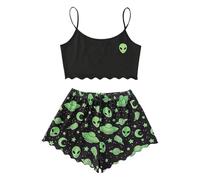 DACONGMING Halloween Soft Flannel Pajamas Sets for Women with Glow in the Dark Print Scary Pajamas Women Autumn and Winter Camisole Pajamas for Women Stay Warm Pajamas Set, An alien, XL