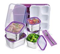 DaCool Stainless Steel Kids Bento Lunch Box Leak Proof BPA-Free School Lunch Container 5-Compartment with Lunch Bag and Fork for Toddler Child Adult, Food Snack Container for Picnic Outdoors,Purple