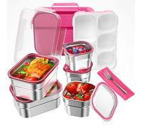 DaCool Stainless Steel Lunch Box Bento for Kids Adults Leakproof BPA-Free Metal Lunch Containers Tray 5-Compartment with Fork for Girls Food Snack Containers for School Outdoors, Pink