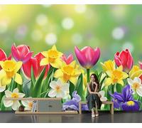DACRWEKZ 200x140cm Wall Murals, Spring Flowers Mural Tulips and Daffodils Silk Wall Covering Fabric, Large Photo Wallpaper for Living Room Bedroom Kitchen Office Kids Yellow-Green