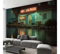 DACRWEKZ 200x140cm Wall Murals,Tranquil Night View Mural Lakeside Cafe Silk Wall Covering Fabric, Large Photo Wallpaper for Living Room Bedroom Kitchen Office Kids Green