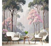 DACRWEKZ 300x210cm Wall Murals,Spring Misty Forest Mural Flowering Trees and Paths Silk Wall Covering Fabric, Large Photo Wallpaper for Living Room Bedroom Kitchen Office Kids Pink