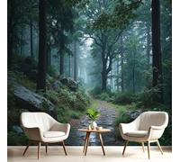 DACRWEKZ 350x256cm Wall Murals,Realistic Landscape Mural Forest Path After The Rain Silk Wall Covering Fabric, Large Photo Wallpaper for Living Room Bedroom Kitchen Office Kids Dark Green