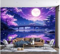 DACRWEKZ 3D Cherry Blossom Trees, Pagodas, and Bridges Panoramic Wallpaper Mural - Large Mural with Purple Anime Fantasy Style, Silk Photo Wallpaper for Living Room, Bedroom Dining Room 350x256cm