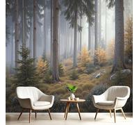 DACRWEKZ 3D Coniferous Forest in The Mist Panoramic Wallpaper Mural - Large Mural with Yellow Retro Landscape, Silk Photo Wallpaper for Living Room, Bedroom Dining Room Feature,Wall Décor 250x175cm