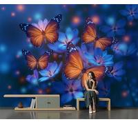 DACRWEKZ 3D Dream Art Panoramic Wallpaper Mural - Large Mural with Blue Butterfly Glowing Flowers, Silk Photo Wallpaper for Living Room, Bedroom Dining Room Feature350x256cm