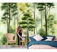 DACRWEKZ 3D Forest in The Mist Panoramic Wallpaper Mural - Large Mural with Green Watercolor Landscape, Silk Photo Wallpaper for Living Room, Bedroom Dining Room Feature,Wall Décor 350x256cm