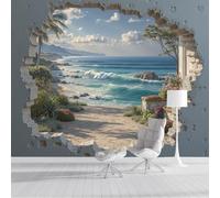 DACRWEKZ 3D Illusion Style The Beach Outside The Wall Panoramic Wall Mural, Light Blue Wallpaper 200x140cm, Modern Large-Scale Wall Art Mural Panoramic Poster for Living Room Bedroom Office