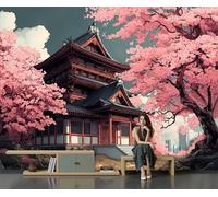 DACRWEKZ 3D Japanese Pagoda Cherry Tree Panoramic Wallpaper Mural - Large Mural with Deep Pink Japanese Architectural Style, Silk Photo Wallpaper for Living Room, Bedroom Dining Room 250x175cm