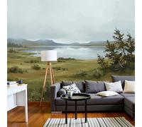 DACRWEKZ 3D Lakes, Plains, Distant Mountains Panoramic Wallpaper Mural - Large Mural with Olive Green Landscape Oil Painting,Silk Photo Wallpaper for Living Room, Bedroom Dining Room Feature300x210cm