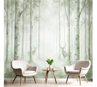 DACRWEKZ 3D Panoramic Custom Blue Wallpaper Murals, Misty Forest Scenery Birch Tree Deer Silk Wall Murals, Modern Living Room Kitchen Dining Room Bedroom Wall Mural Wallpaper 450x315cm