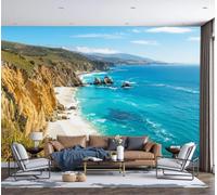 DACRWEKZ 3D Panoramic Custom Blue Wallpaper Murals, Seaside Natural Style Cliff Ocean Beach Silk Wall Murals, Modern Living Room Kitchen Dining Room Bedroom Wall Mural Wallpaper 400x280cm (W x H)