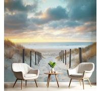 DACRWEKZ 3D Panoramic Custom Light Blue Wallpaper Murals, Coastal Scenery Beach Walkway Ocean Silk Wall Murals, Modern Living Room Kitchen Dining Room Bedroom Wall Mural Wallpaper 300x210cm
